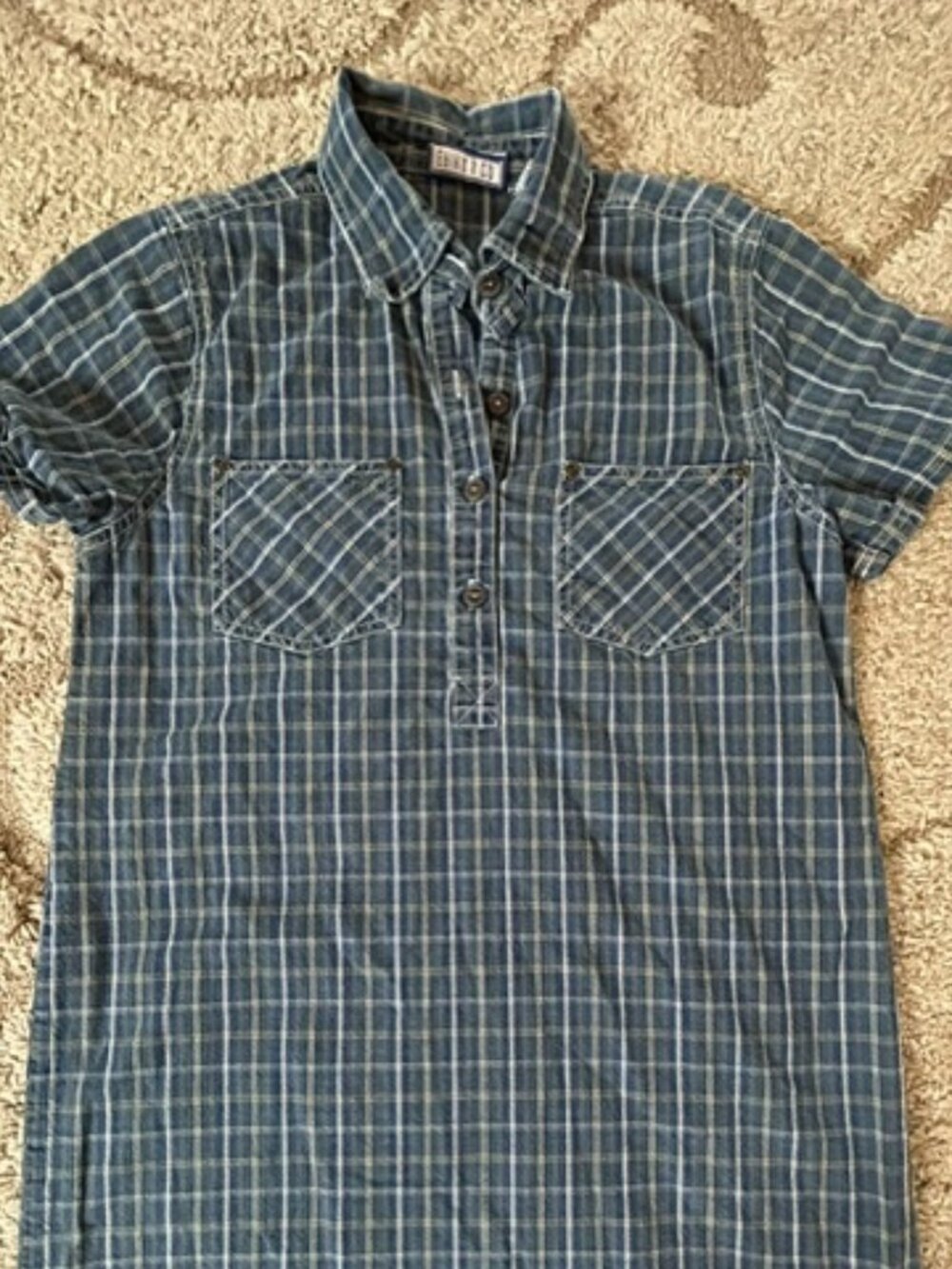 Erika & Co Button Front Denim Jean Dress Pockets Size Medium Plaid Blue